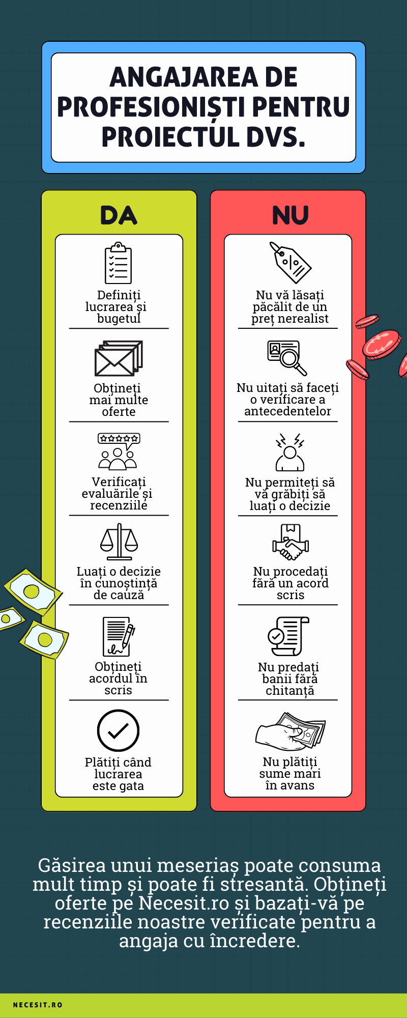 Infografic cu ce trebuie să faci și ce nu trebuie să faci pentru a angaja un furnizor de servicii și pentru a crește șansele ca proiectul tău să fie realizat în mod satisfăcător.