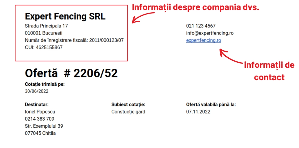 Exemplu de ofertă cu datele companiei dumneavoastră precompletate.