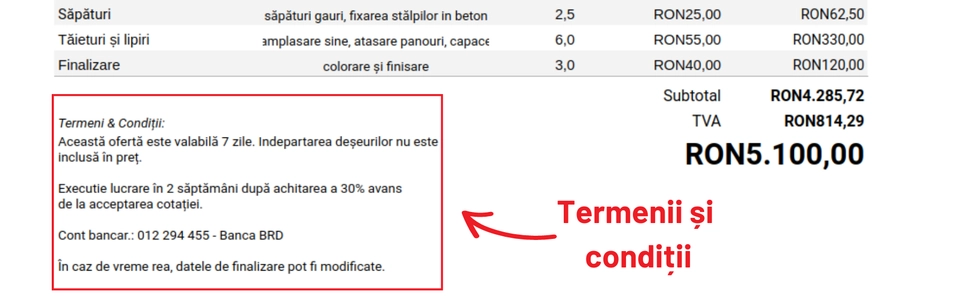 Exemplu de termeni și condiții generale privind oferta.