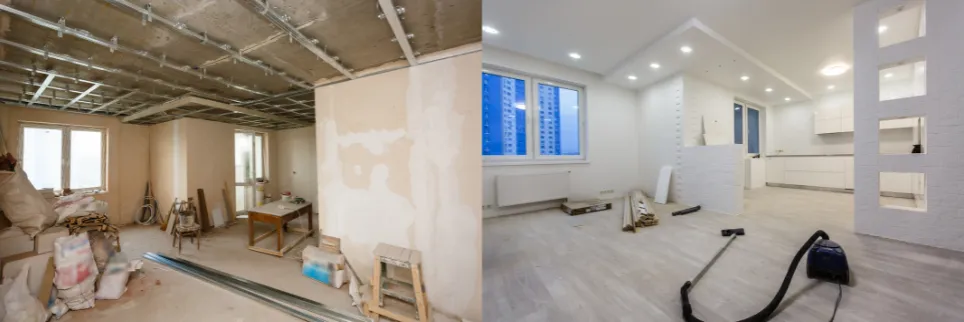 Renovare — înainte/după imagini ale spațiului de zi înainte și după renovare, una lângă alta