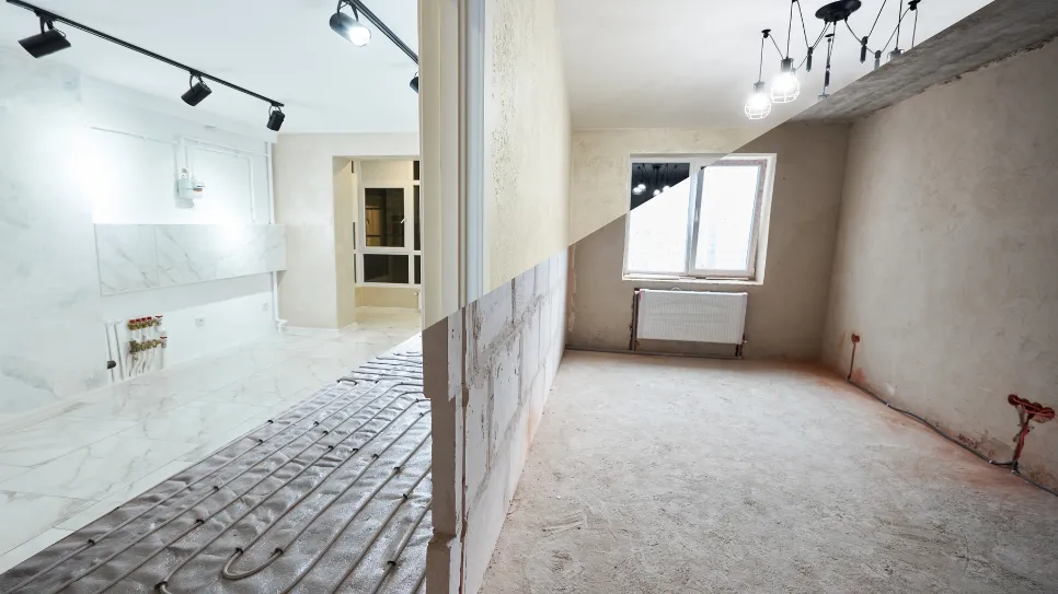 Renovarea camerei — înainte/după fotografie tăiată diagonal a camerei, cu comparația înainte și după renovare
