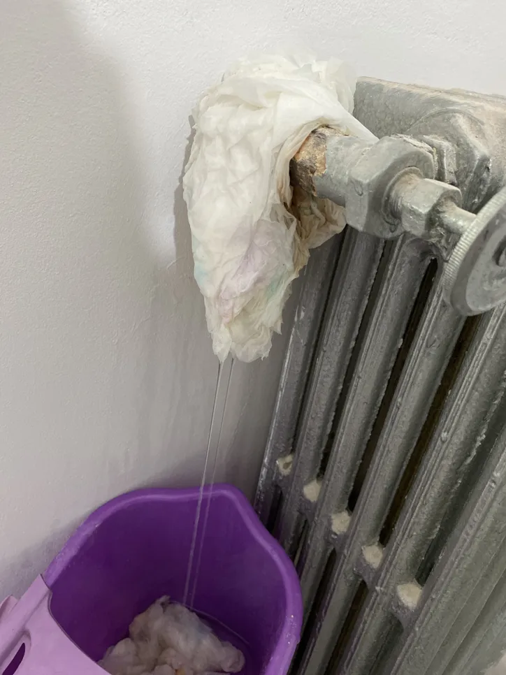 Leaky radiator connection (23080) Damaged radiator connection causing water leak into a bucket below, highlighting leak detection needs.