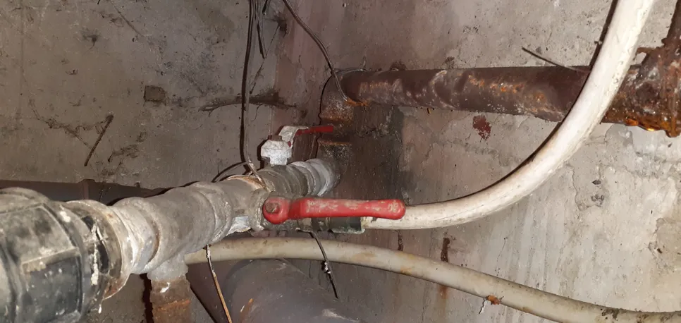 Rusty water pipes with visible corrosion in a dimly lit basement corner highlight plumbing issues.