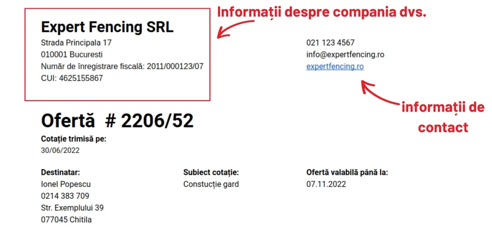 Exemplu de antet de ofertă precompletat Exemplu de ofertă cu datele companiei dumneavoastră precompletate.
