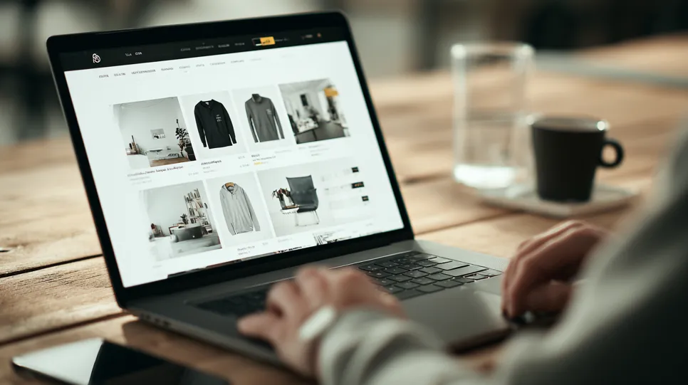 Explorarea unui magazin online Prim-plan cu o persoană care stă la o masă de lemn și navighează pe un laptop într-un magazin online care vinde articole de modă și mobilier. Mâinile persoanei se află pe tastatură. În fundalul neclar, se pot vedea o ceașcă de cafea și un pahar cu apă.