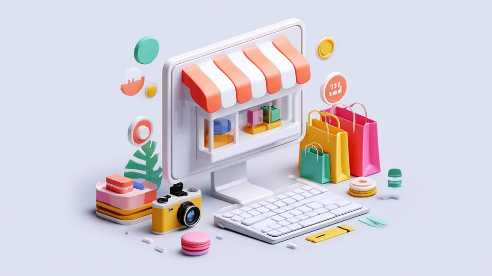 Lumea colorată 3d a cumpărăturilor online O ilustrație 3D stilizată pe tema comerțului electronic. În centru se află un monitor de computer din care iese o vitrină de magazin cu o copertină cu dungi portocalii și albe. În fața acestuia se găsesc o tastatură, pungi de cumpărături colorate, un aparat foto și diverse elemente decorative pe un fundal violet deschis.