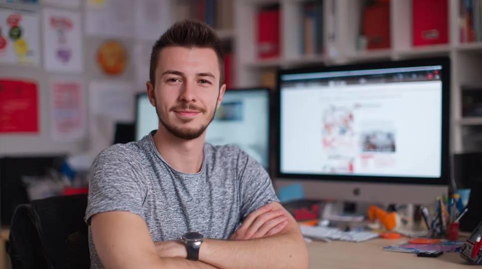 Tânăr profesionist creativ la biroul său Un tânăr încrezător, cu barbă și mustață, stă la biroul său cu brațele încrucișate și zâmbește prietenos către cameră. În fundal se văd monitoare de calculator și un mediu de birou creativ.