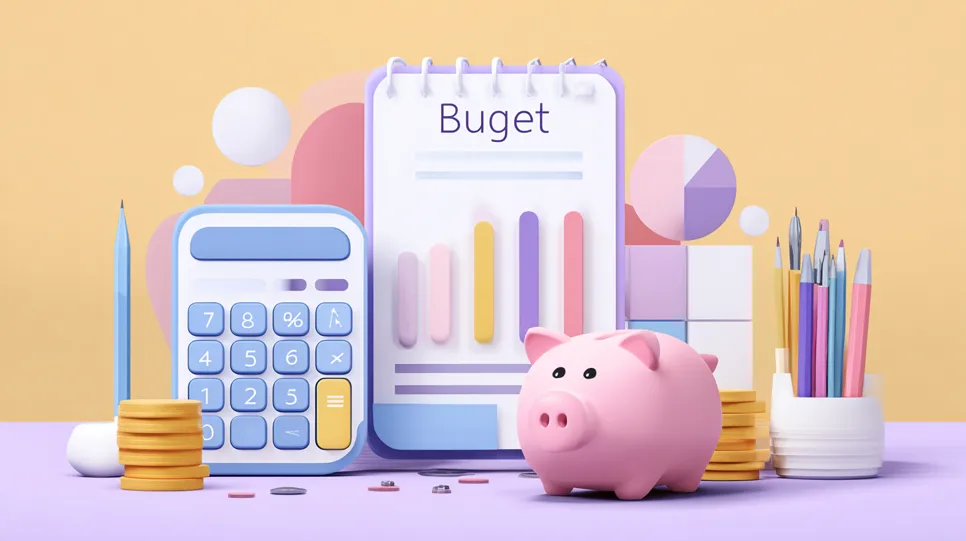 Ilustrație colorată cu un caiet pe care scrie „Buget”, alături de un calculator, monede, un porc pușculiță roz și creioane, simbolizând planificarea financiară și economiile.