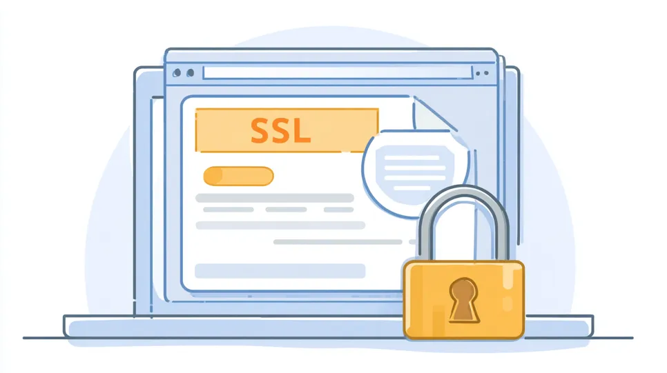 Ilustrație cu un ecran de laptop pe care apare textul „SSL”, în față cu un lacăt galben, reprezentând protecția datelor și securitatea website-ului prin certificat SSL.