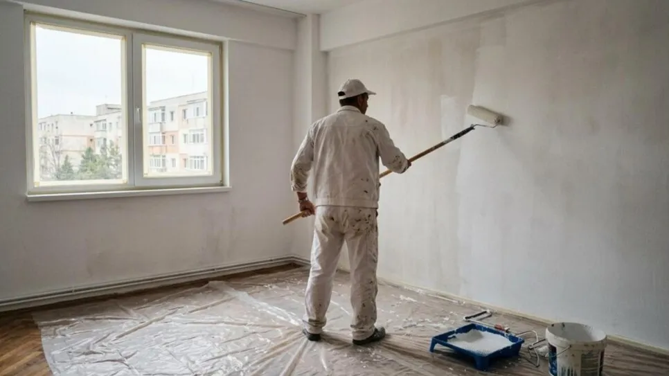 Zugrav aplicând vopsea lavabilă albă cu trafaletul pe peretele unui apartament, cu podeaua acoperită cu folie.