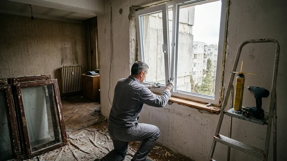 Montator fixând o fereastră termopan albă din PVC într-un apartament de bloc, lângă ferestrele vechi din lemn demontate.