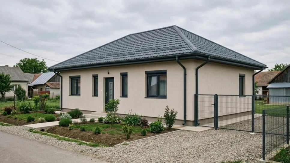 Casă parter cu acoperiș nou din țiglă metalică gri închis, jgheaburi și burlane montate.