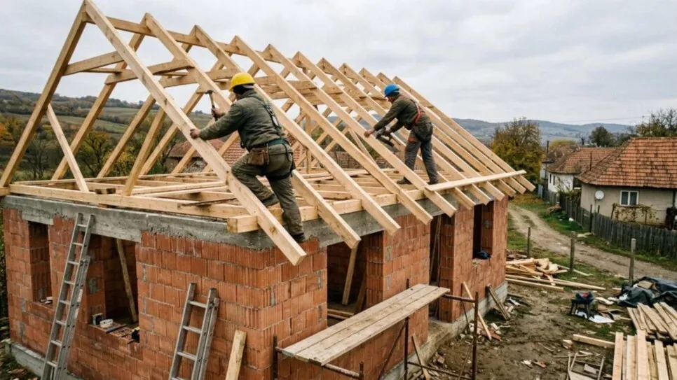 Echipă de dulgheri montând căpriorii unei șarpante noi din lemn pe o casă în construcție.