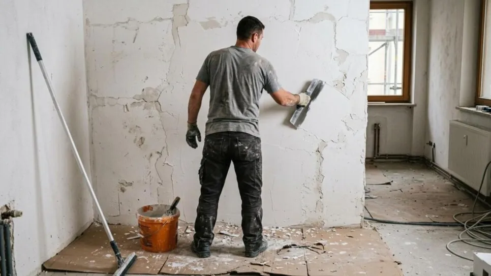 Muncitor aplicând glet cu fierul de glet pe un perete vechi cu fisuri, înainte de zugrăvit.
