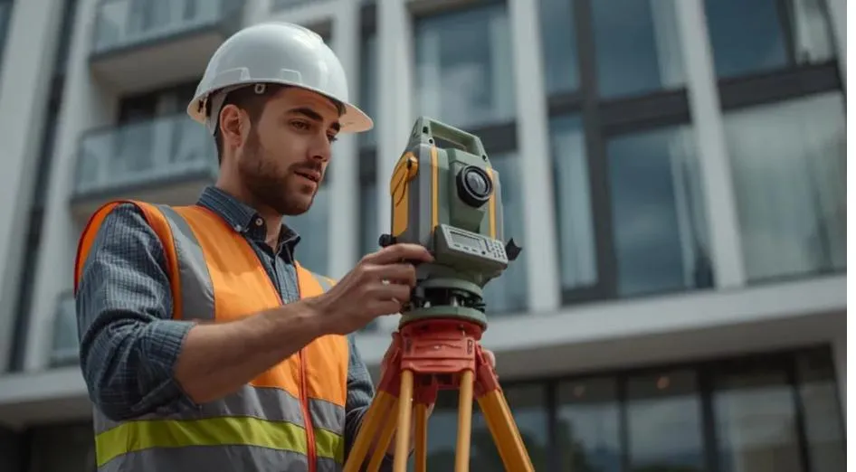 Inginer topograf autorizat efectuând măsurători cadastrale în fața unui bloc de apartamente