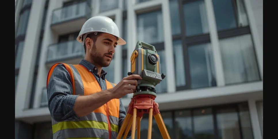 Inginer topograf autorizat efectuând măsurători cadastrale în fața unui bloc de apartamente